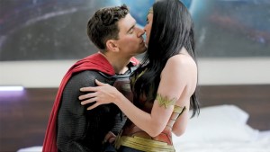 Close-up of two superheroes in love and having sex with each other